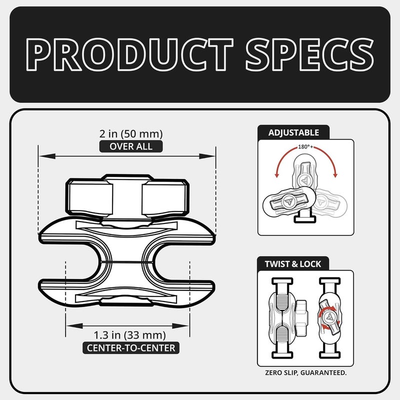 tackform 2" Long Metal 20mm Ball and Socket Arm | DuraLock 20 Series | Dual 20mm Sockets with Optional Anti-Theft Knob | Black - Image 5